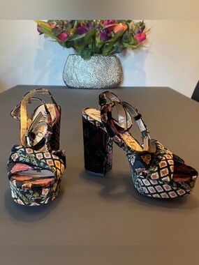 Sam Edelman Multi-Color Floral Velvet Platform Sandals